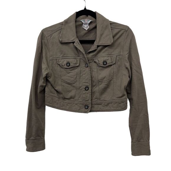 Hard‎ Tail Forever Women's Cropped Khaki Jacket XS Long Sleeve Button Front - Picture 1 of 7